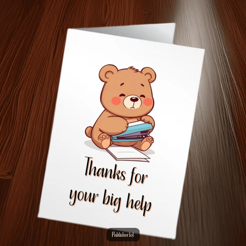 Funny Free Printable Bear Thank You Card: Clumsy bear attempting to staple, a lighthearted way to say thanks.