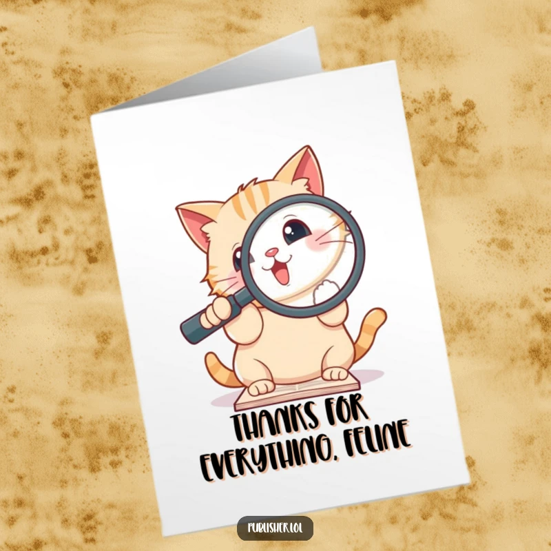 Funny Free Printable Thank You Card showing a cute cat holding a large magnifying glass, closely inspecting a document with enthusiasm.