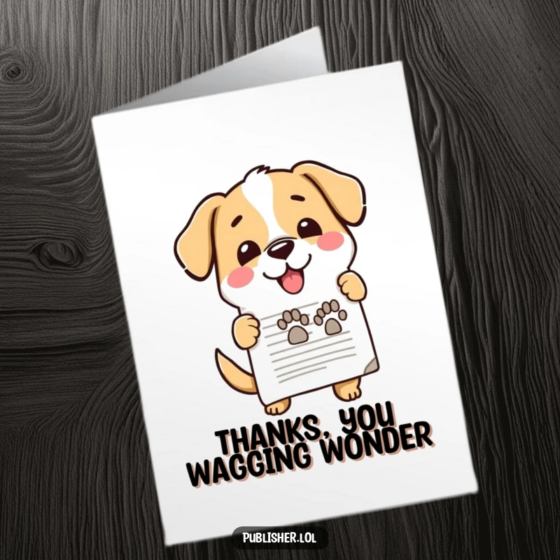 Funny free printable thank you card featuring a happy dog character stamping a document with a thankful paw mark.