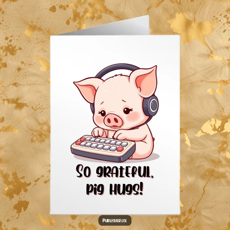 Funny free printable thank you card showing a round piglet with headphones, rapidly typing on a miniature keyboard with several paws.