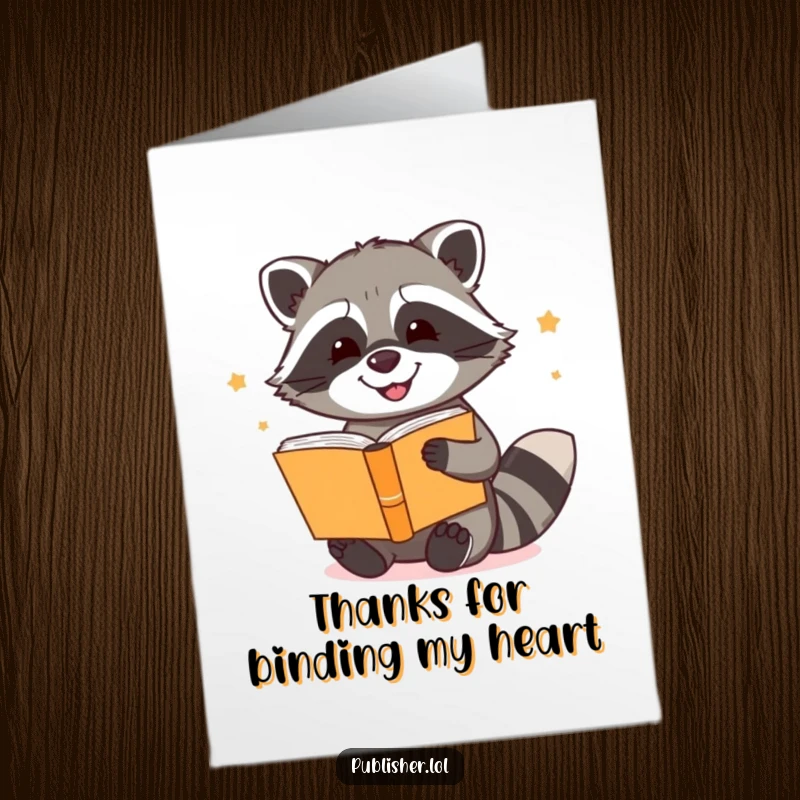 Funny Free Printable Thank You Card: A happy raccoon binding stories, expressing gratitude with a smile.