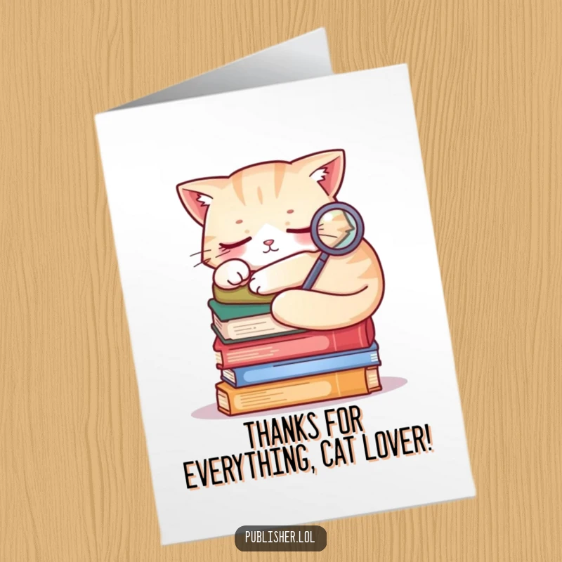 Funny free printable thank you card featuring a sleepy cat on a pile of books, holding a tiny magnifying glass inquisitively.
