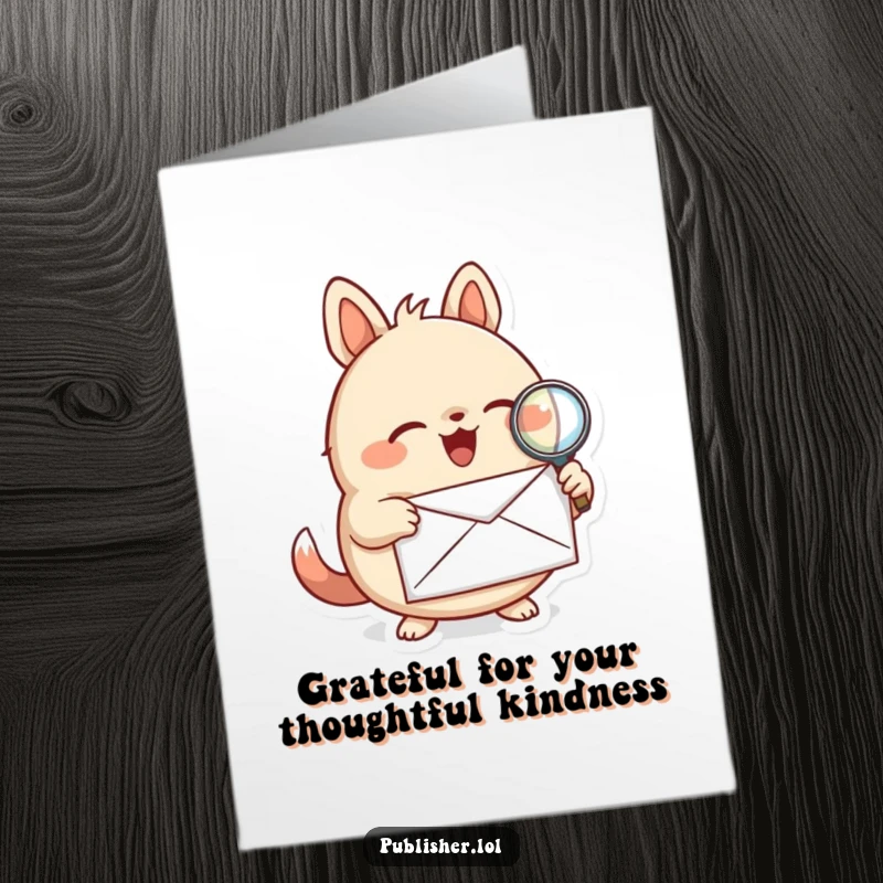 Funny Free Printable Thank You Card: A round animal intensely examines a letter with a magnifying glass, appreciating the details.