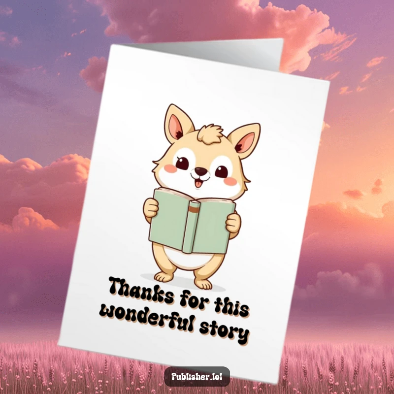 Funny Free Printable Thank You Card: An animal character presents a completed book with a flourish, offering thanks.
