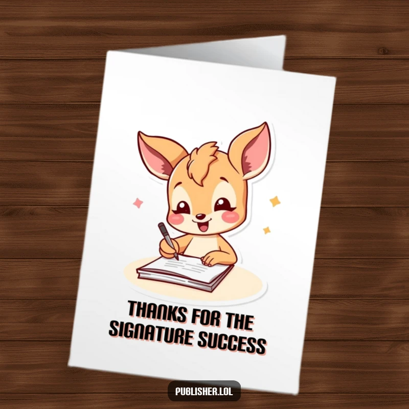 Free Printable Thank You Card: A cheerful fawn joyfully signing a document with a flourish, expressing thanks.