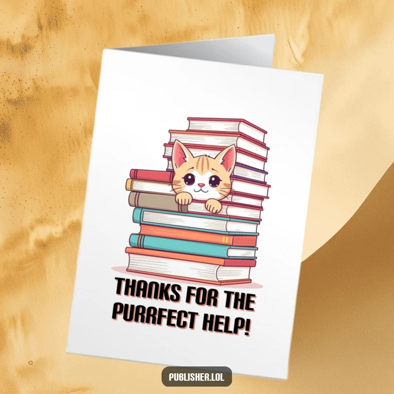 Funny Free Printable Thank You Card: Curious cat peeking from behind a big stack of books, offering thanks.