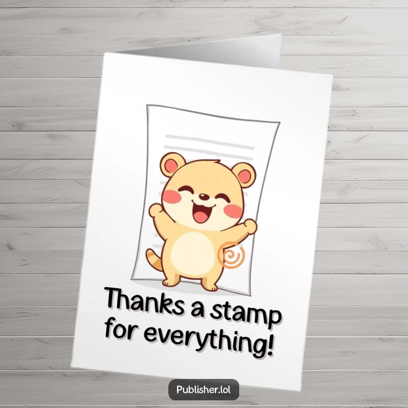 Funny Free Printable Thank You Card: A cute animal character enthusiastically stamps a large document with a big grin, sealing their thanks.