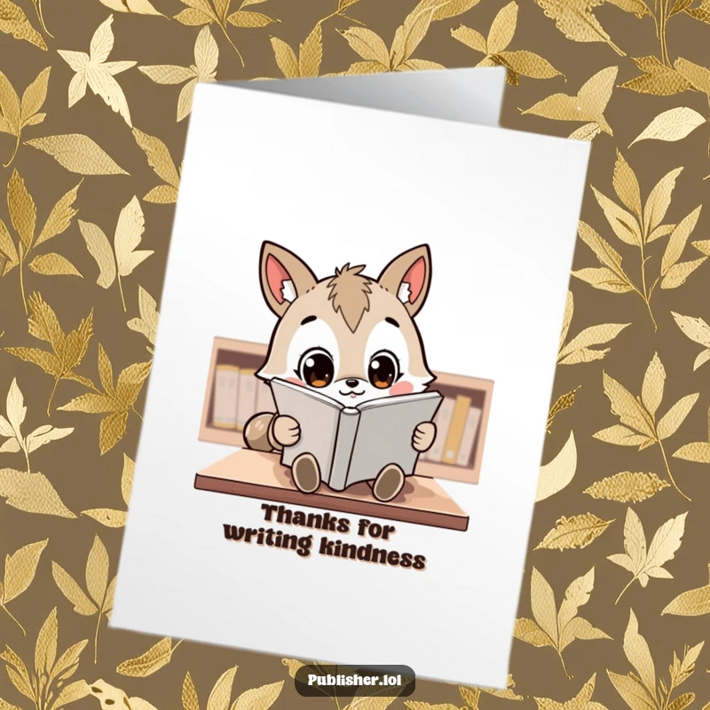 Funny Free Printable Thank You Card: A kawaii animal character reviews a manuscript with wide, focused eyes, thoughtfully considering thanks.