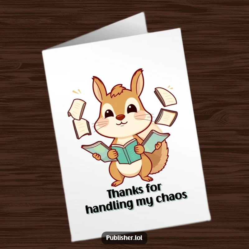 Funny Free Printable Thank You Card: A determined squirrel juggling many manuscripts, expressing thanks with relatable chaos.