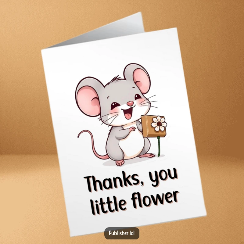 Funny Free Printable thank you card: A mouse character excitedly uses a stamp shaped like a tiny flower.