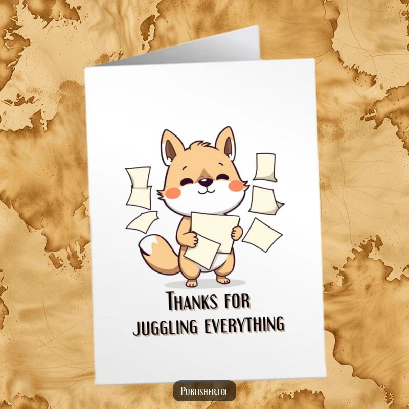 Funny Free Printable Thank You Card: An animal determinedly manages flapping papers, showing appreciation for their hard work.