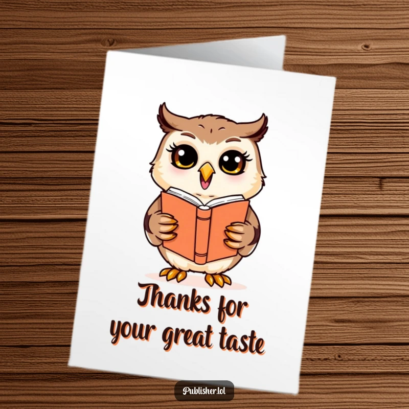 Funny Free Printable Thank You Card: Cheerful owl enthusiastically examining a book cover, humorously expressing thanks.