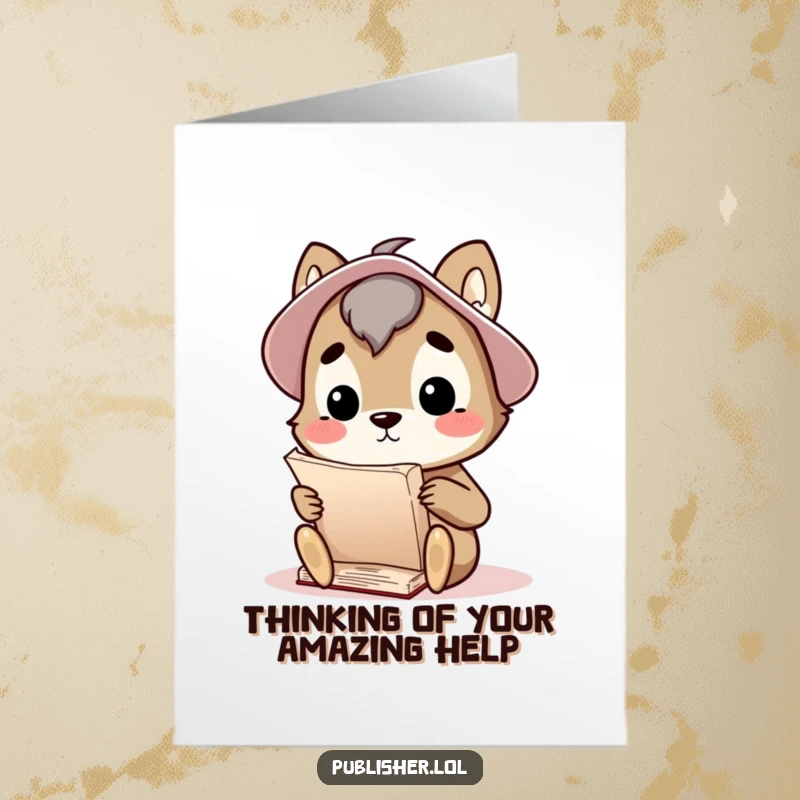 Funny Free Printable Thank You Card: A curious animal contemplates a large manuscript, offering a thoughtful thank you.