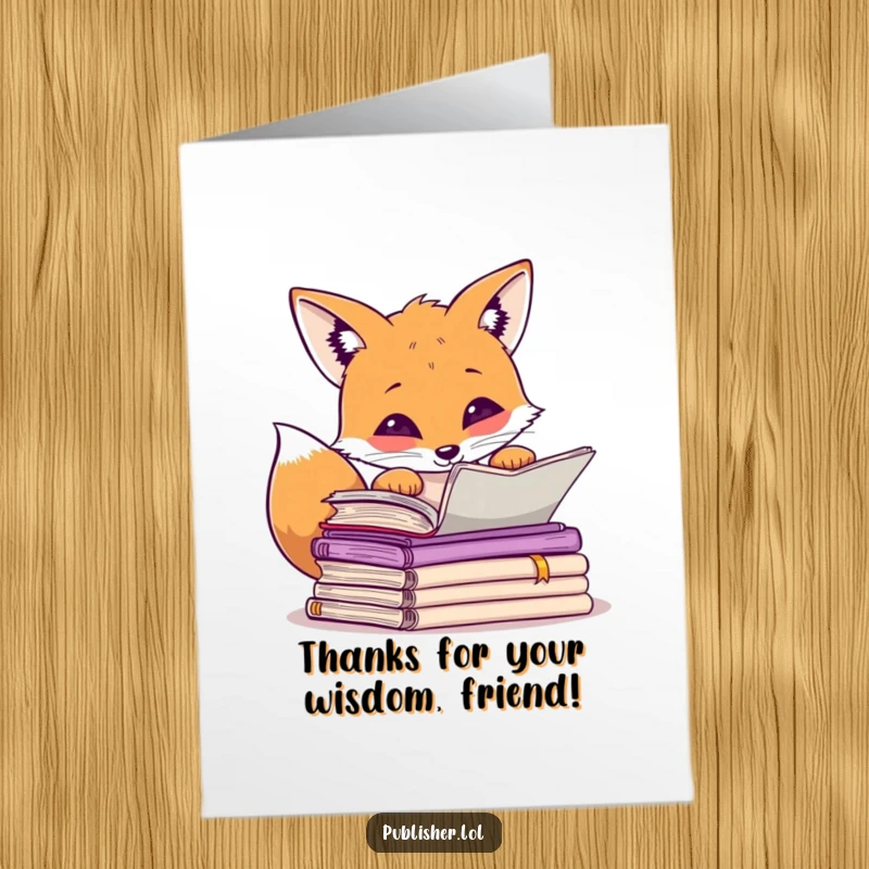 Funny free printable thank you card of a curious fox peering over manuscripts, one paw raised in contemplation.