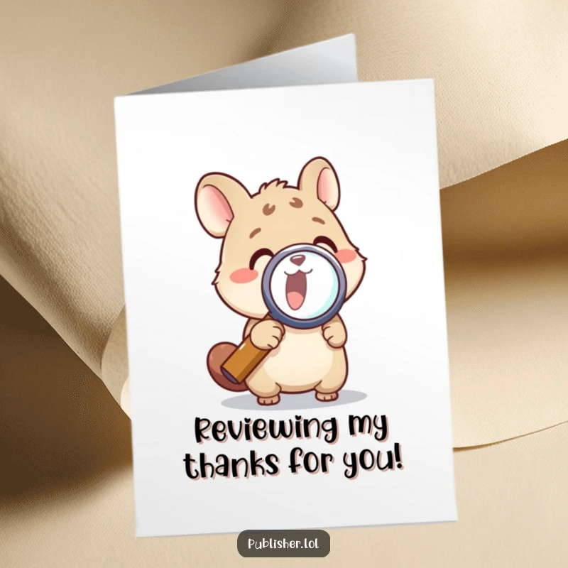 Funny Free Printable Thank You Card: Animal using a magnifying glass, examining with excitement, a detailed thank you, downloadable art.