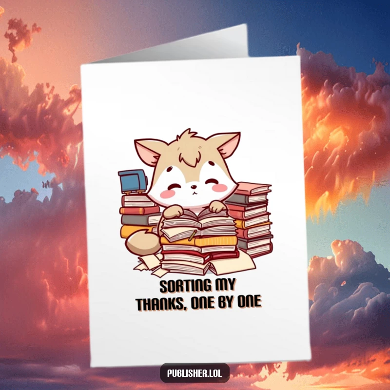 Funny Free Printable Thank You Card: Animal character focused on sorting manuscripts, showing dedicated appreciation, downloadable art.