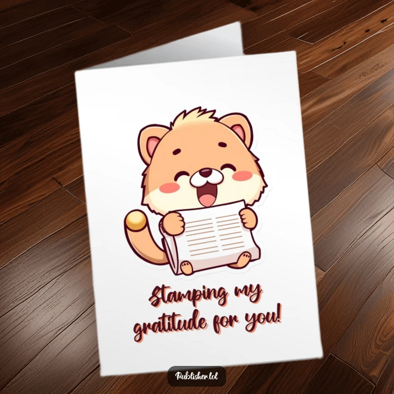 Funny Free Printable Thank You Card: Fuzzy animal stamping a document with glee, expressing thanks with official humor, downloadable art.