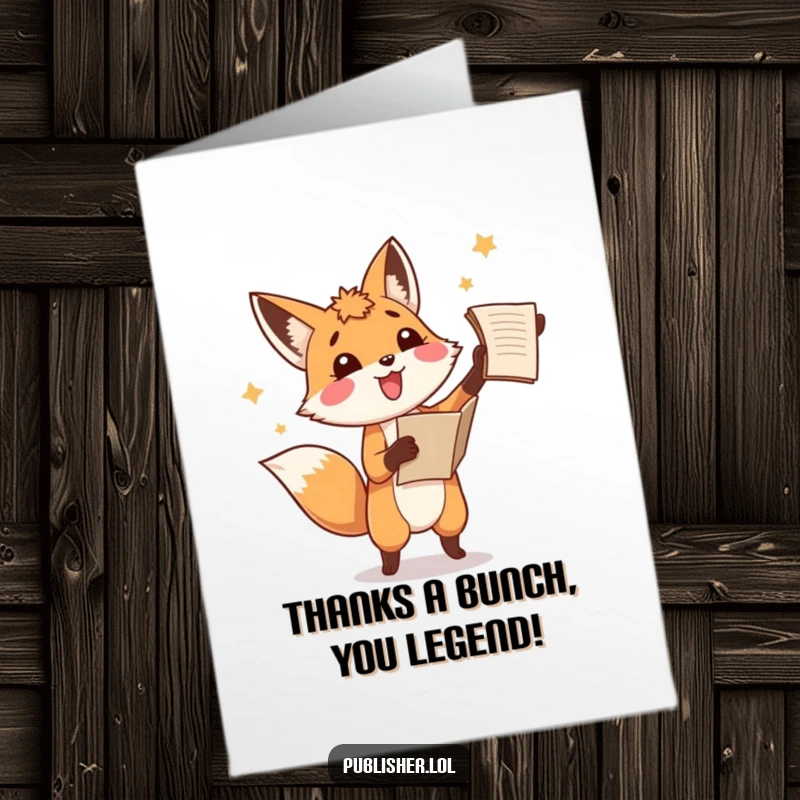Funny Free Printable thank you card: A gleeful fox tosses a manuscript, expressing heartfelt thanks with a delightful, amusing gesture.