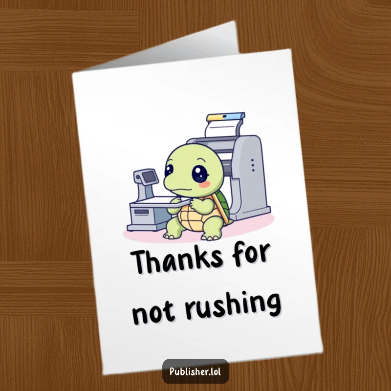 Thoughtful Free Printable Turtle Thank You Card: Turtle intently studying a printing press, a unique way to say thank you.