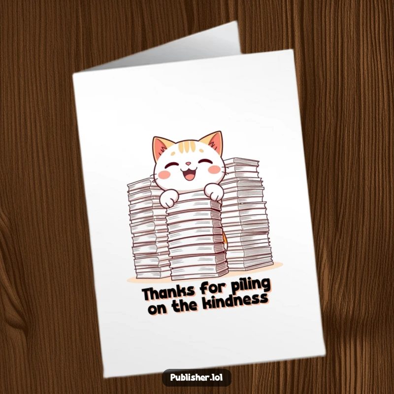 Funny Free Printable Thank You Card showing a kawaii cat ecstatically stacking huge amounts of paper with a big smile.