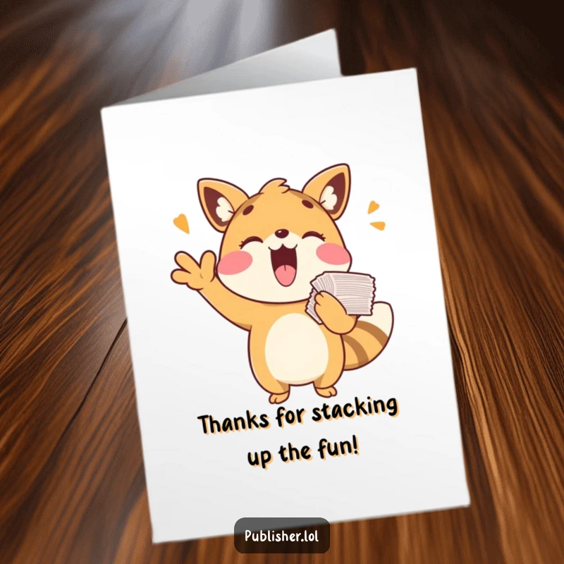 Funny Free Printable Thank You Card: Playful animal cheering with a stack of papers, expressing thanks with spirit, downloadable art.