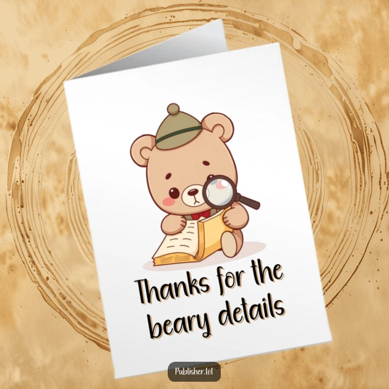 Funny Free Printable Thank You Card depicting a small bear in a tiny hat peering intently at a paper with a magnifying glass.