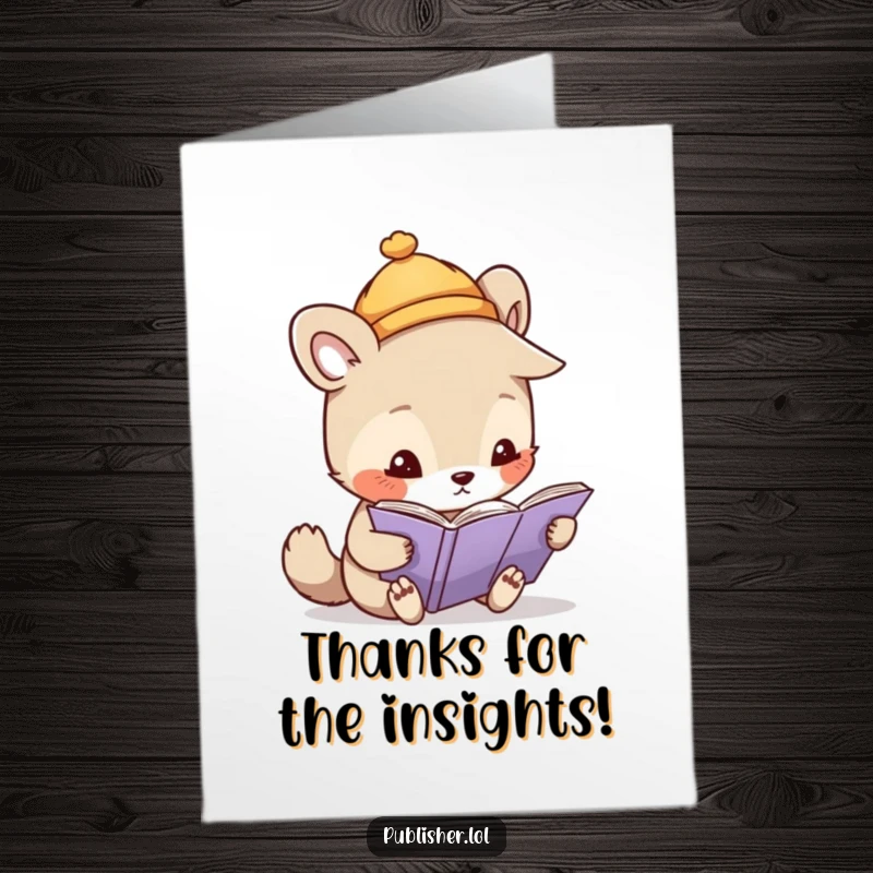 Free Printable Thank You Card depicting a whimsical animal wearing a tiny hat, meticulously inspecting a page with great concentration and charm.