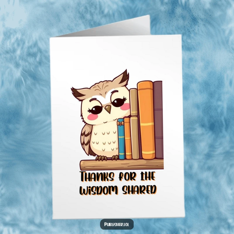 Funny Free Printable Thank You Card of a thoughtful owl character surveying books with a serene smile, expressing thanks.