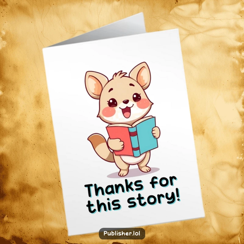 Free Printable Thank You Card with an adorable animal character excitedly presenting a finished book, offering a literary expression of thanks.