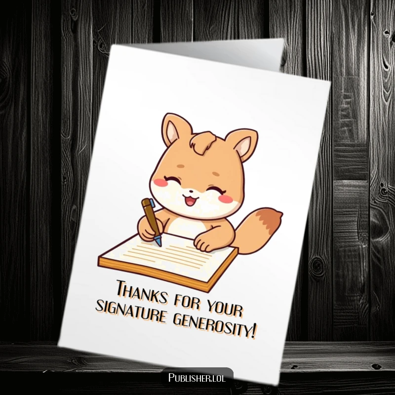 Funny Free Printable Thank You Card: A friendly animal character signs a document with a flourish, showing gratitude.