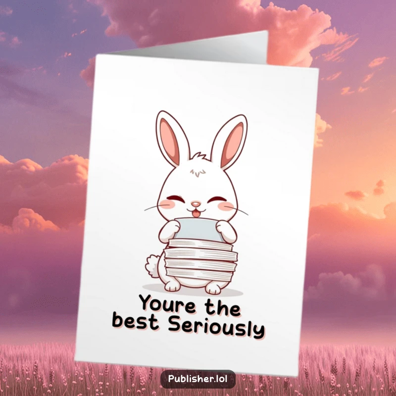 Funny Free Printable Thank You Card: Winking rabbit with a meticulous grin, perfectly arranging papers, sending thanks with a touch of wit. Downloadable.