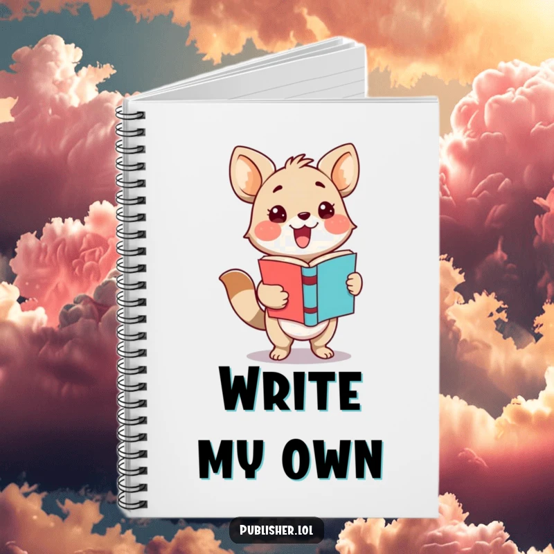 Funny notebook featuring an adorable animal character excitedly presenting a finished book with a flourish, perfect for journaling.