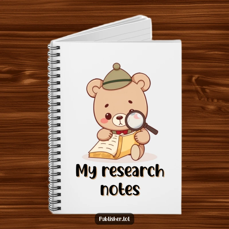 Funny Bear Investigator Notebook cover: a bear in a hat uses a magnifying glass to inspect a tiny document, ideal for writers.
