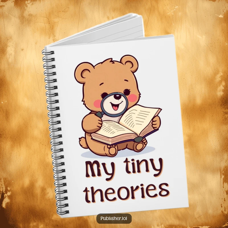 Funny notebook with a gleeful bear character examining a manuscript with a magnifying glass, perfect for notes, ideas, or journaling.