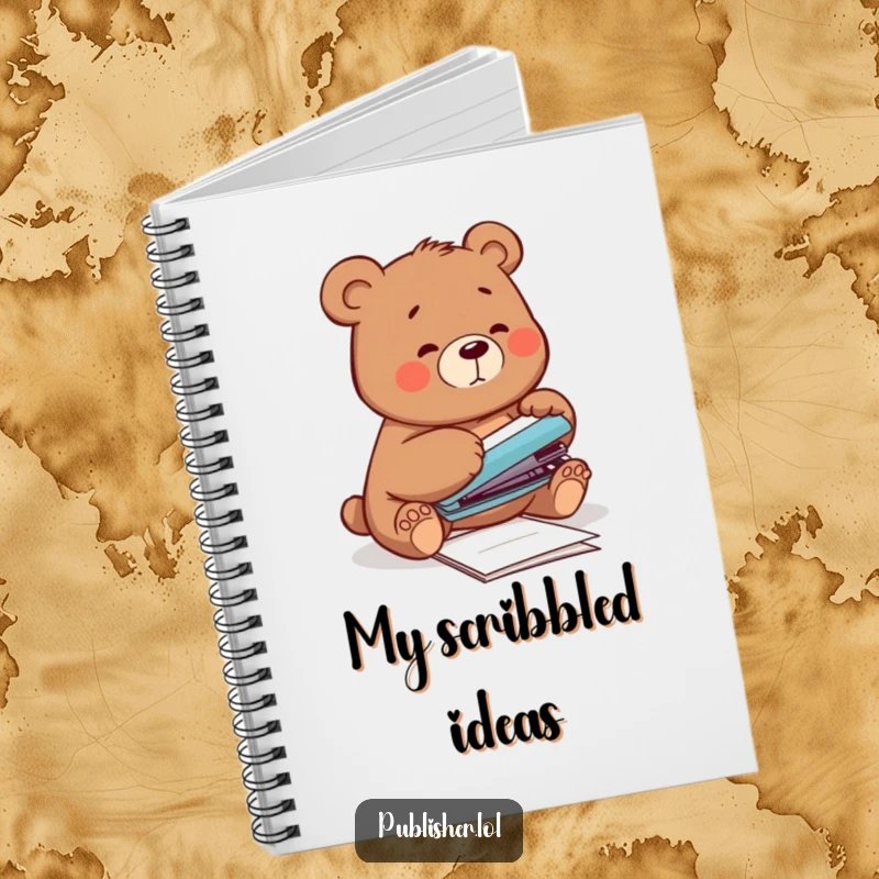 Funny Notebook featuring a clumsy bear attempting to staple papers with its paw, perfect for jotting down notes with humorous relatability.