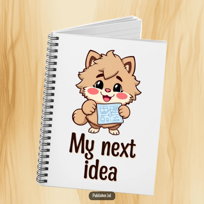 Funny Blueprint Innovator Notebook with a cheerful, grinning character pointing at a blueprint, perfect for sketching ideas and notes humorously.