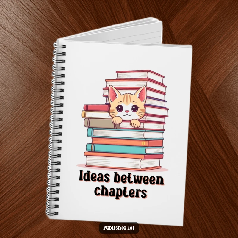 Funny notebook with a curious cat peeking from behind books, perfect for keeping notes and inspiring creative writing.