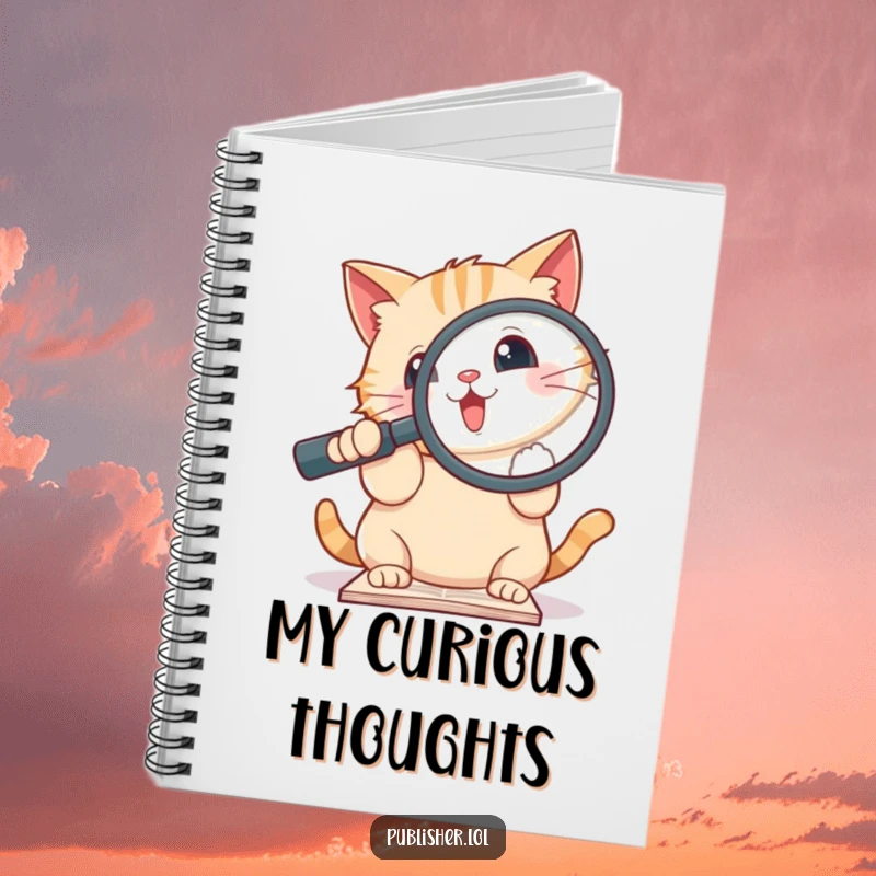 Funny notebook cover with a cute cat holding a magnifying glass over a document, ideal for note-taking and journaling.