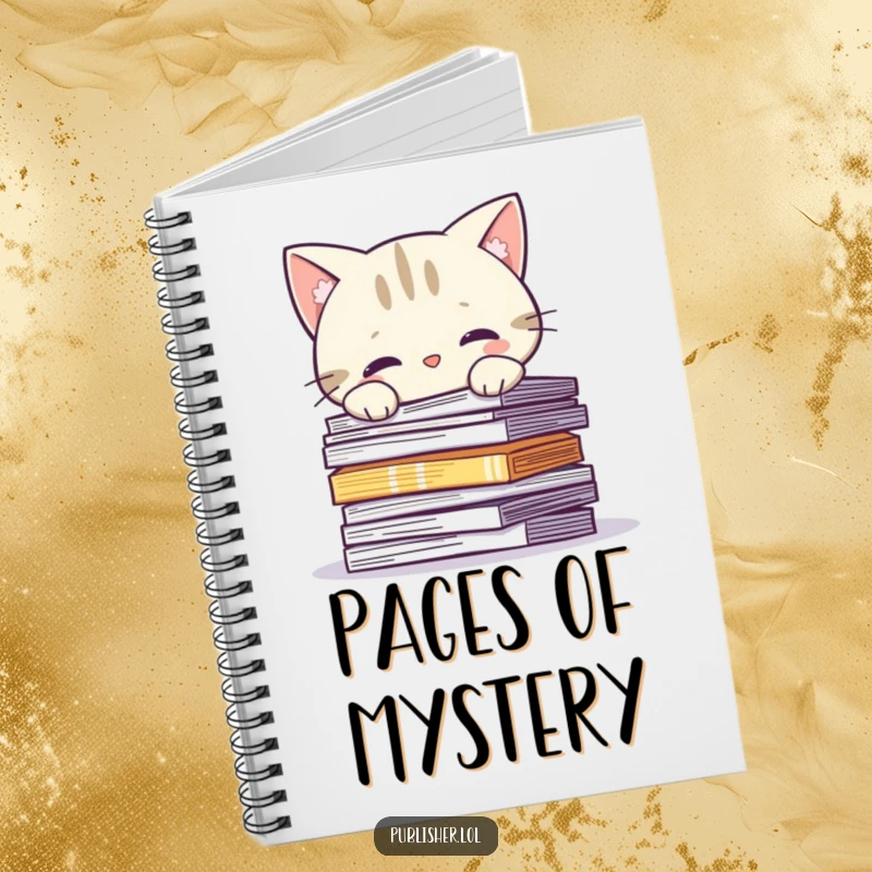 Funny Notebook: Curious cat character peeks over printed pages, perfect for jotting down ideas with feline charm.