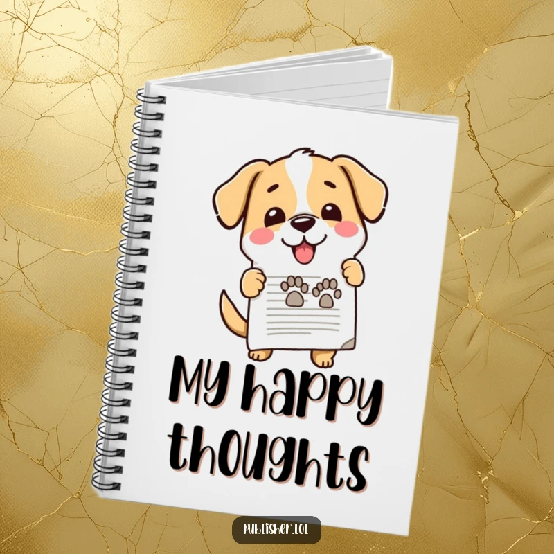Funny ruled notebook, cute dog enthusiastically stamping document, happy paw mark, office approval, perfect for notes and as a funny gift.