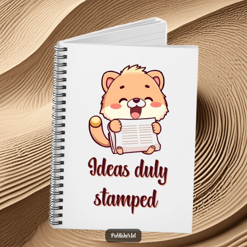Funny notebook with a fuzzy animal character stamping a document, encouraging organization and action, a perfect funny gift.