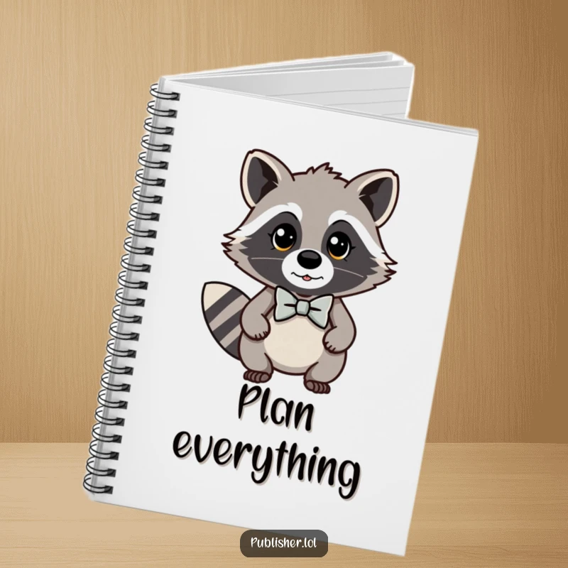 Funny kawaii raccoon notebook cover featuring a dapper character in a bow tie looking important, perfect for stylish note-taking.