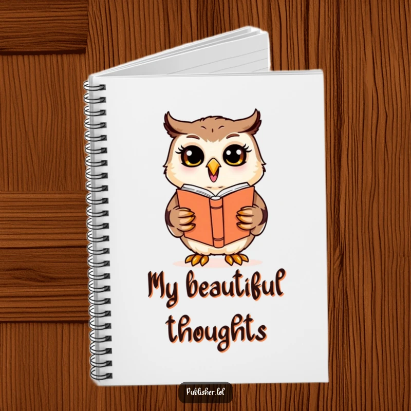 Funny cheerful owl character reviewing a book cover design on a lined notebook cover, designed for capturing creative and humorous ideas.