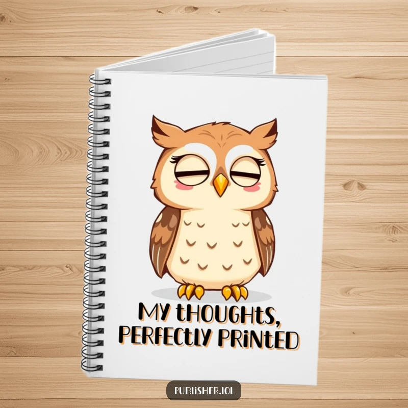 Funny notebook cover with a wise owl nodding approval at a freshly printed page, designed for thinkers and learners.