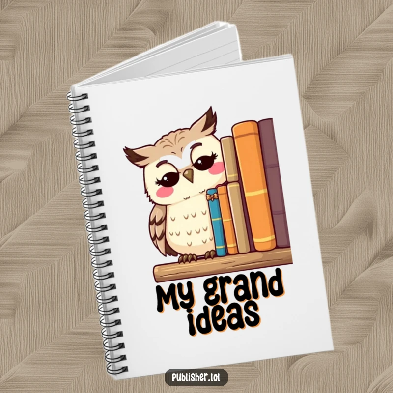 Funny notebook with a thoughtful owl character surveying a shelf of published works with a serene smile, perfect for writing and note-taking.