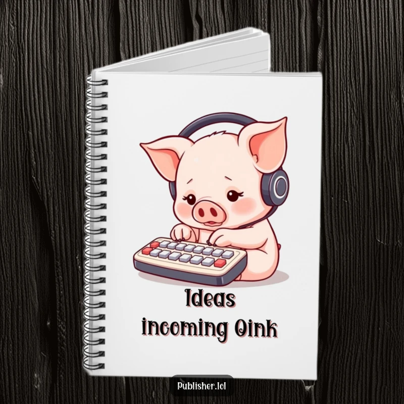 Funny round piglet with headphones, tapping furiously on a small keyboard with multiple paws, notebook cover for inspiration.