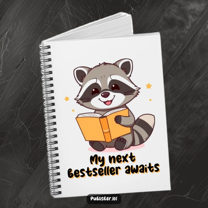 Funny notebook cover with a cheerful raccoon enthusiastically binding a collection of books, designed for writers and storytellers.