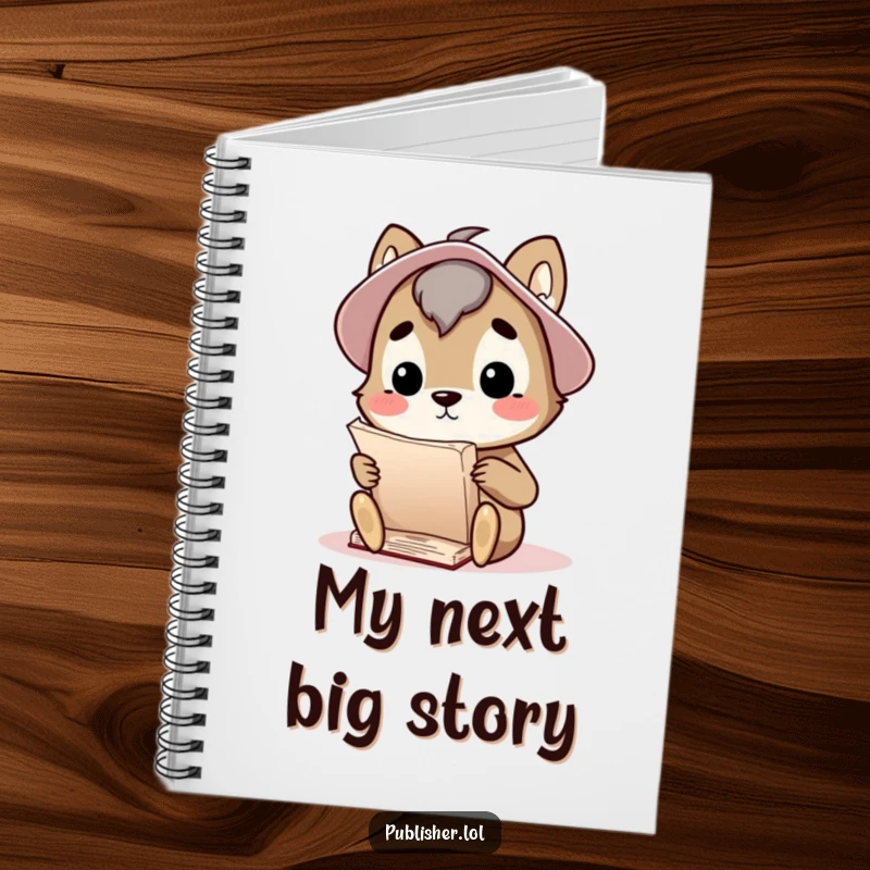 Funny notebook cover featuring a curious animal character thoughtfully considering a large manuscript, perfect for recording insights and ideas.