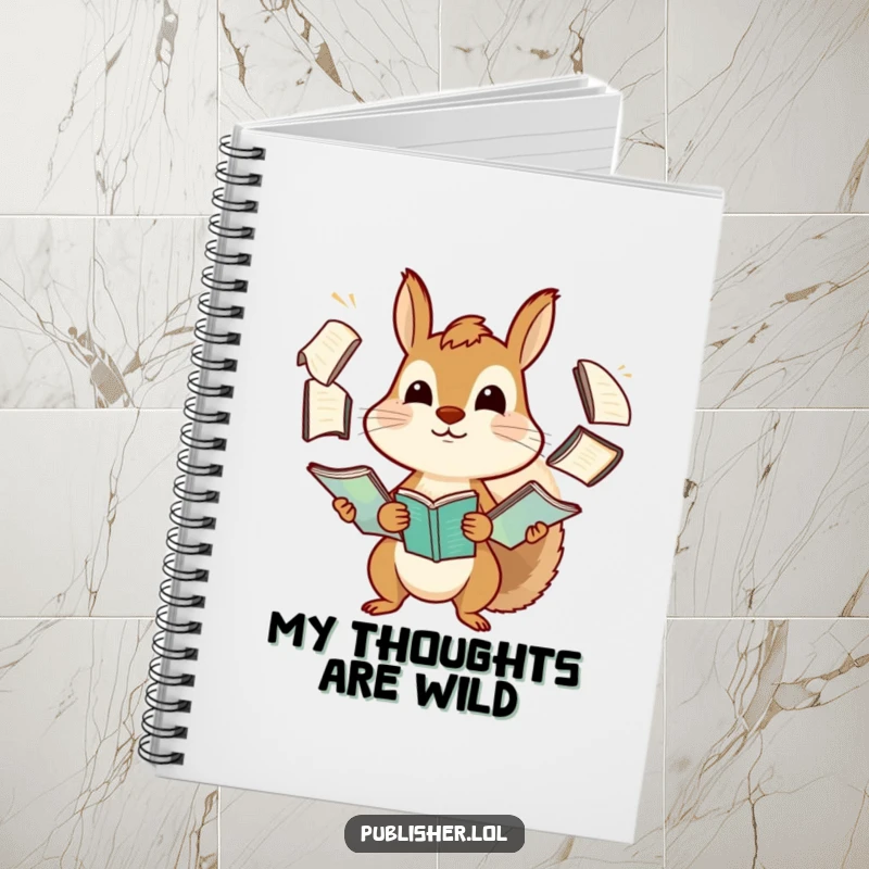 Funny squirrel notebook with a determined character comically juggling numerous manuscripts on the cover, symbolizing focused creativity and humor.