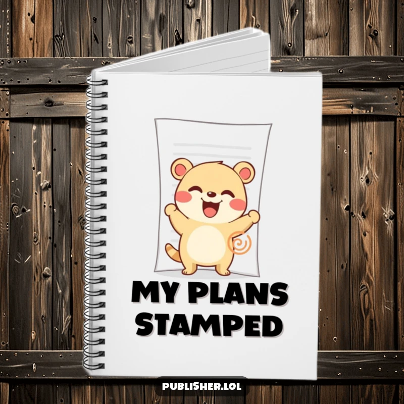 Funny Notebook: A cute animal character happily stamps a large document with an enthusiastic grin.
